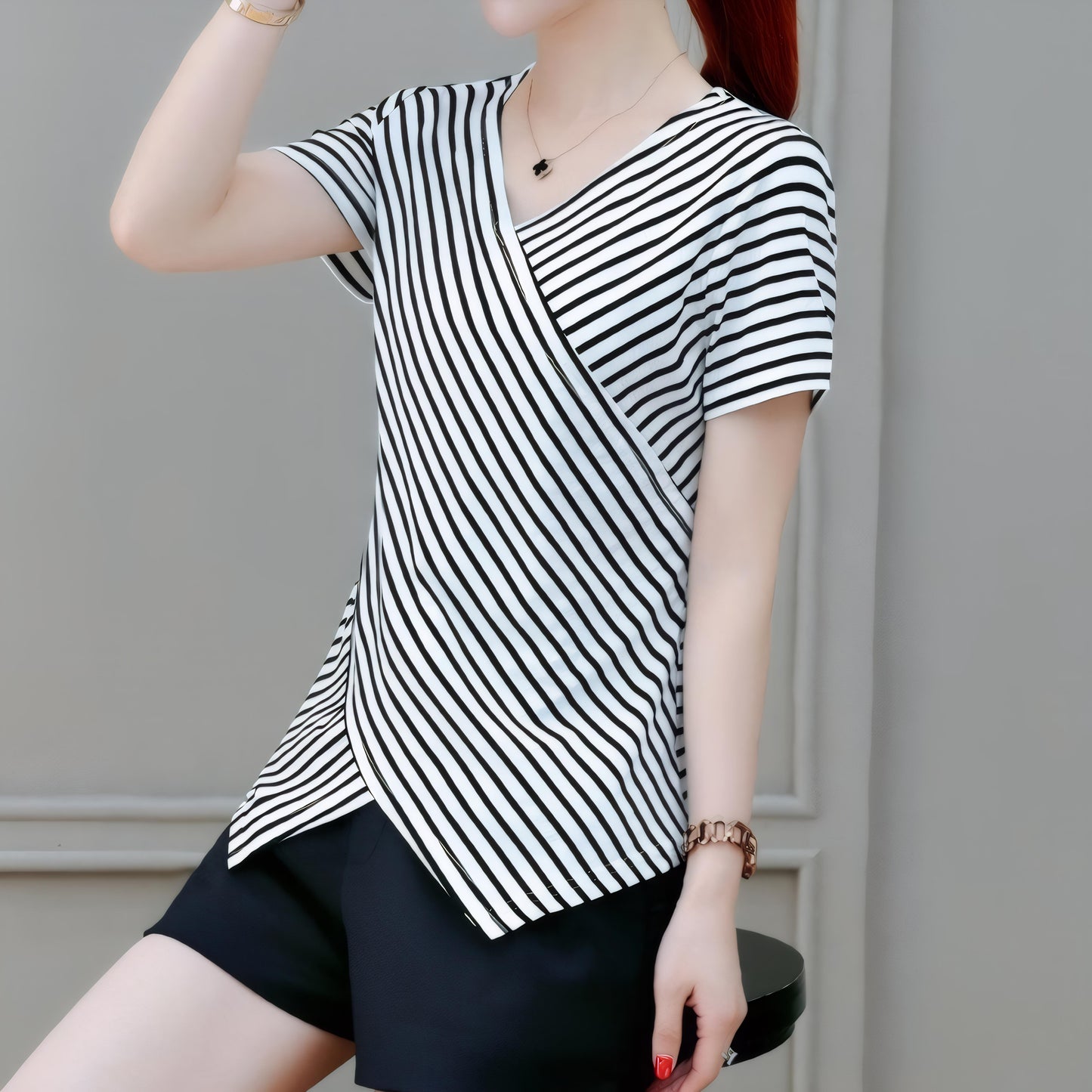 Mira Stripe Drape Front T-Shirt