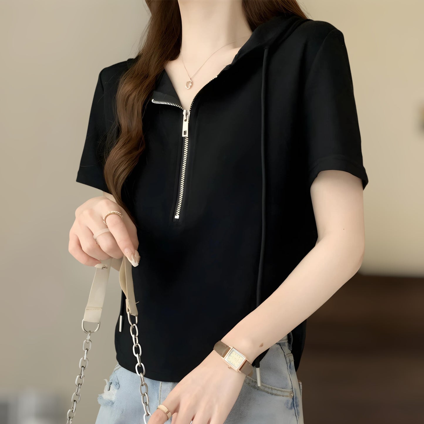 Noelle Zip Trim Soft Hoodie T-Shirt
