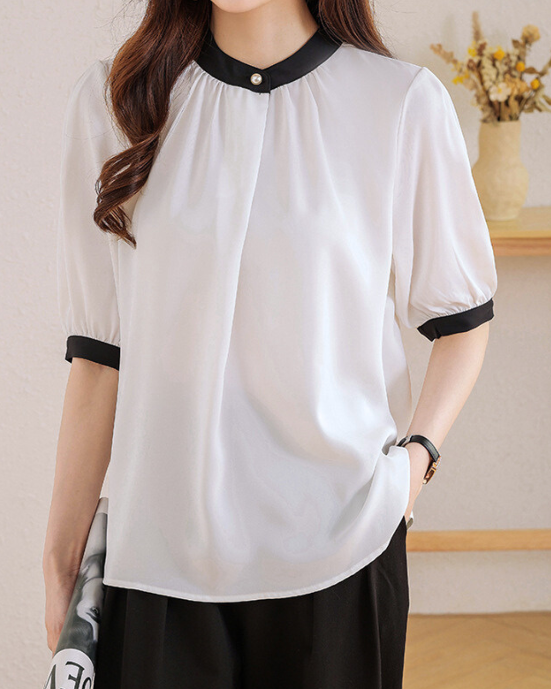 Vera Ease Pearl Trim Blouse