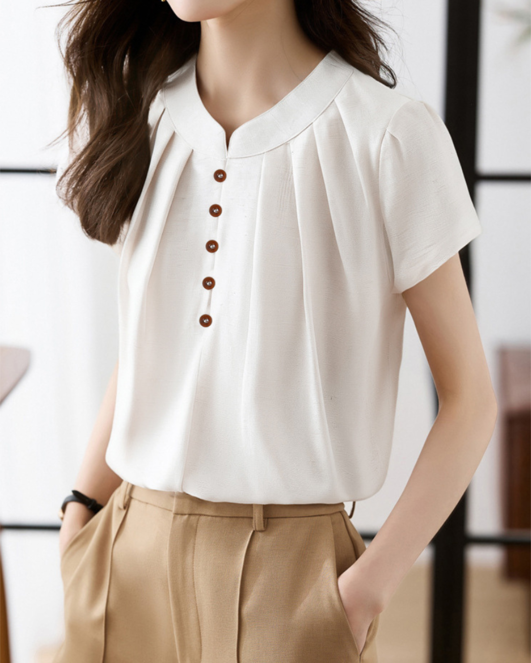 Evelyn Pleat Button Blouse