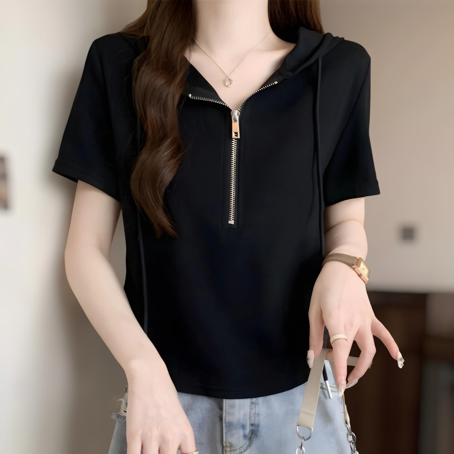 Noelle Zip Trim Soft Hoodie T-Shirt