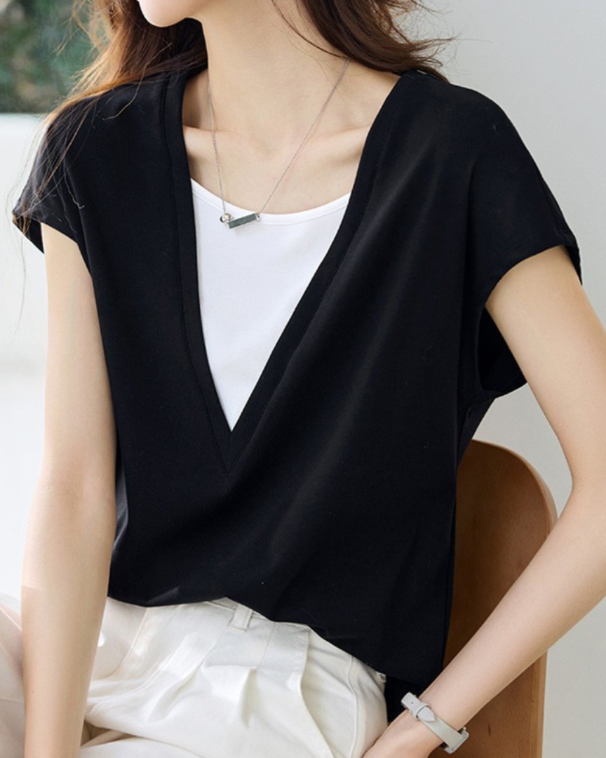 Lina Contrast Layered V T-Shirt