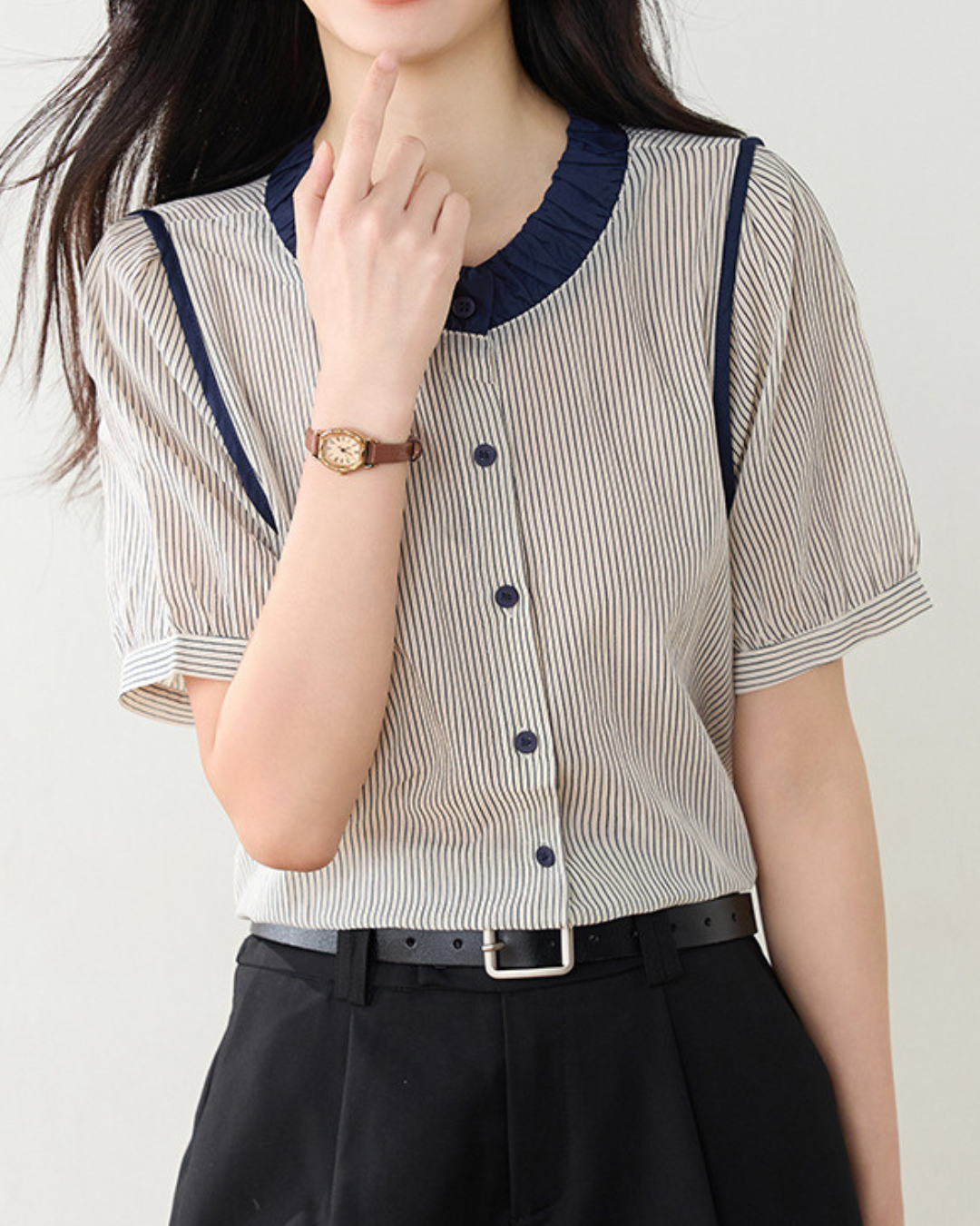 Elinor Stripe Ruffle Collar Blouse