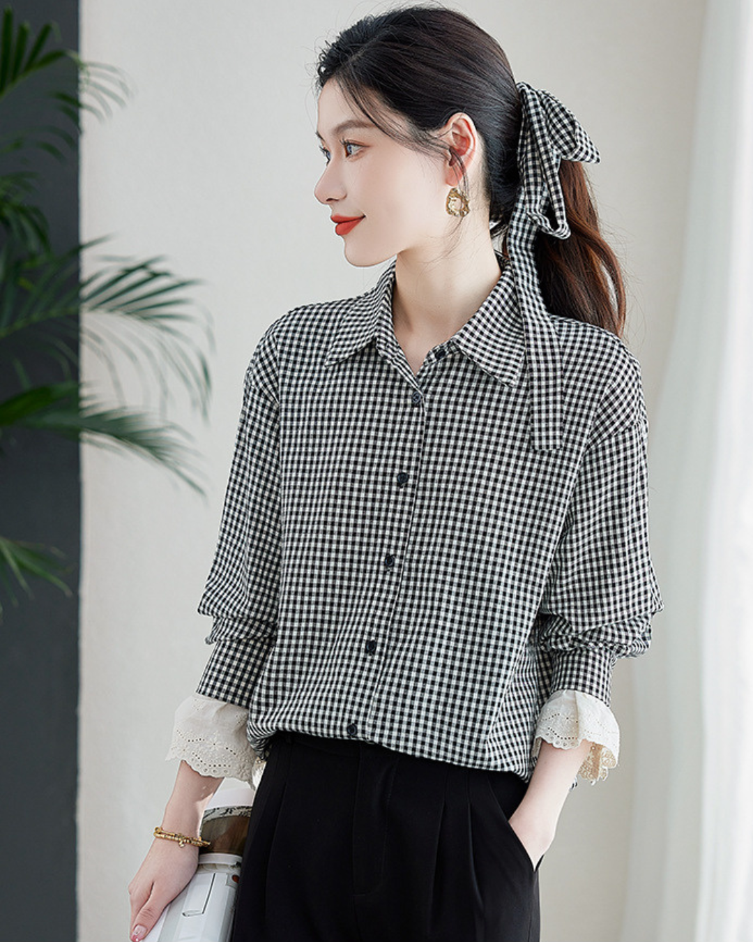 Elodie Gingham Lace Cuff Blouse