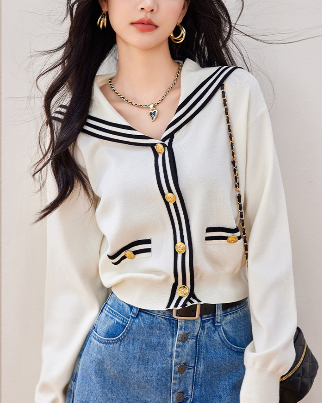 Marine Line Gold Button Cardigan