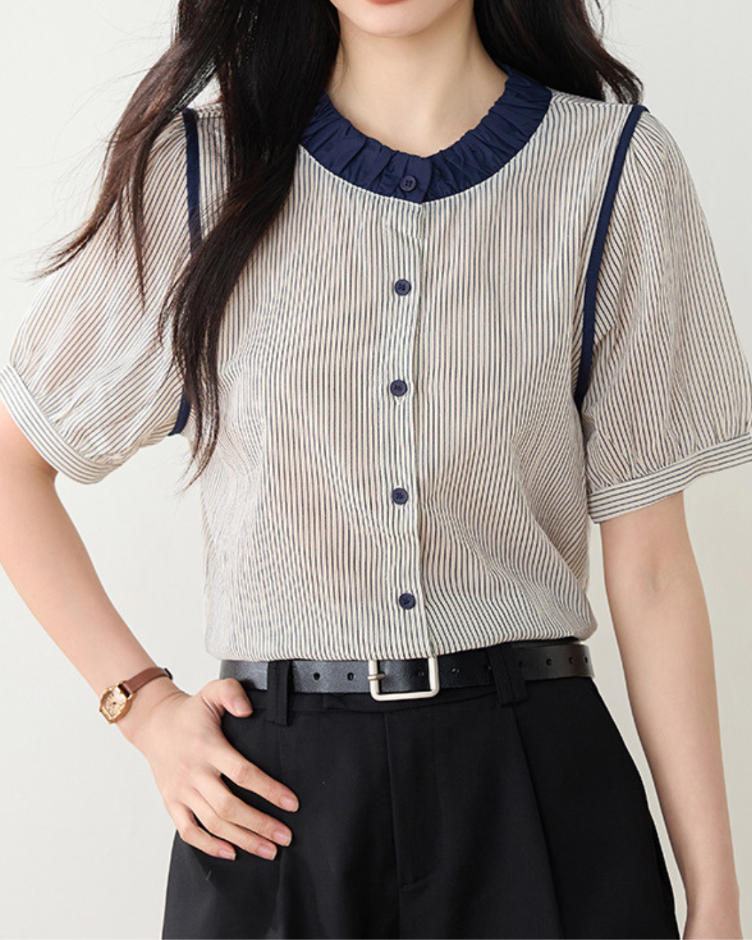 Elinor Stripe Ruffle Collar Blouse