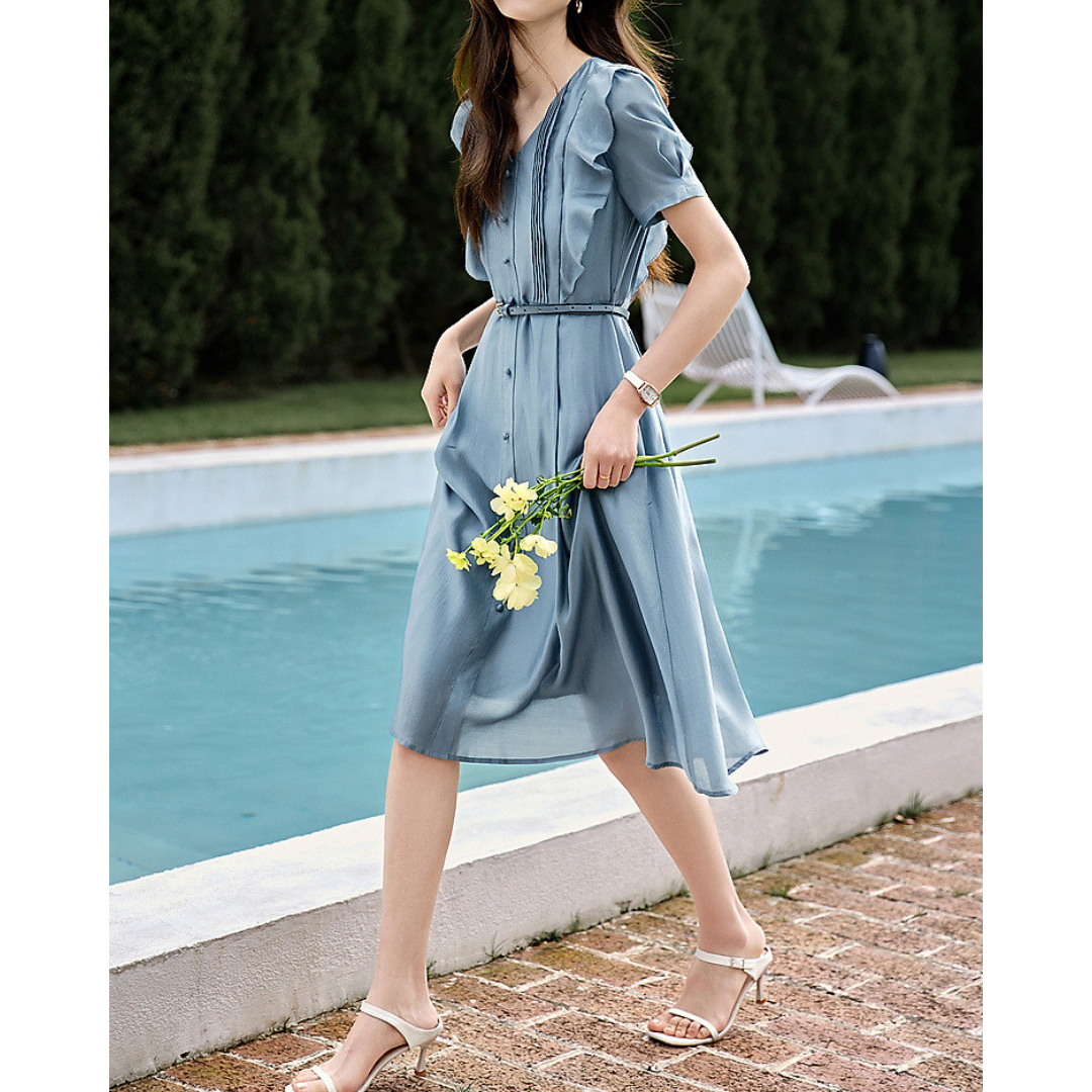Dawn Pleat Flutter Belted Dress