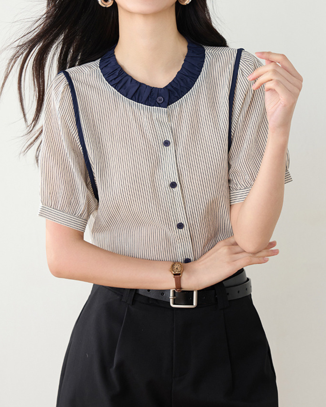 Elinor Stripe Ruffle Collar Blouse