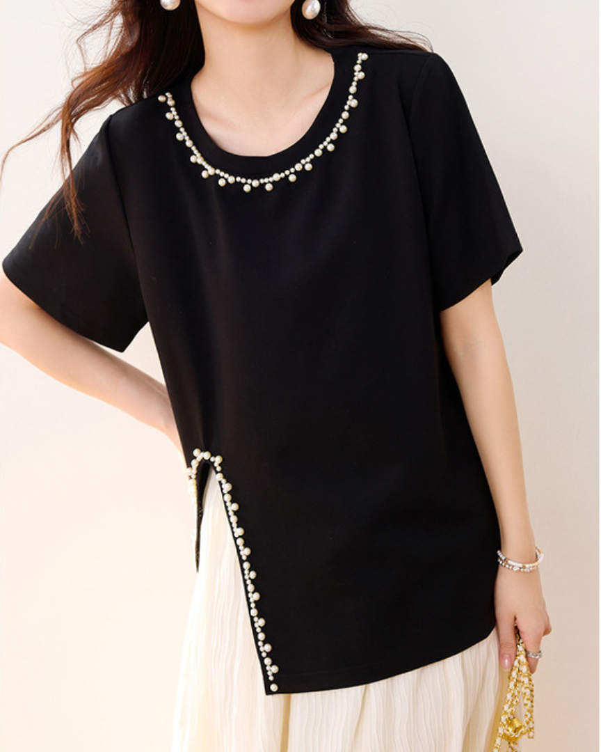 Elara Pearl Trim Cotton T-Shirt