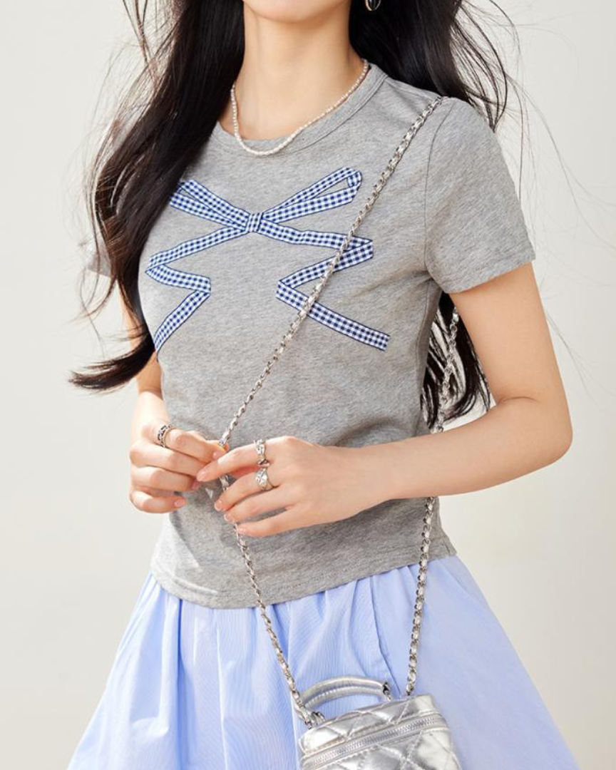 Elise Gingham Bow Cotton T-Shirt