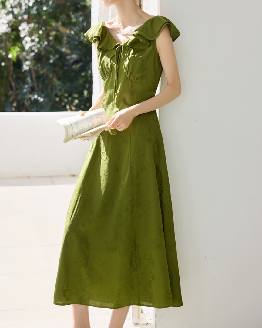 Olive Whisper Ruffle Midi Dress