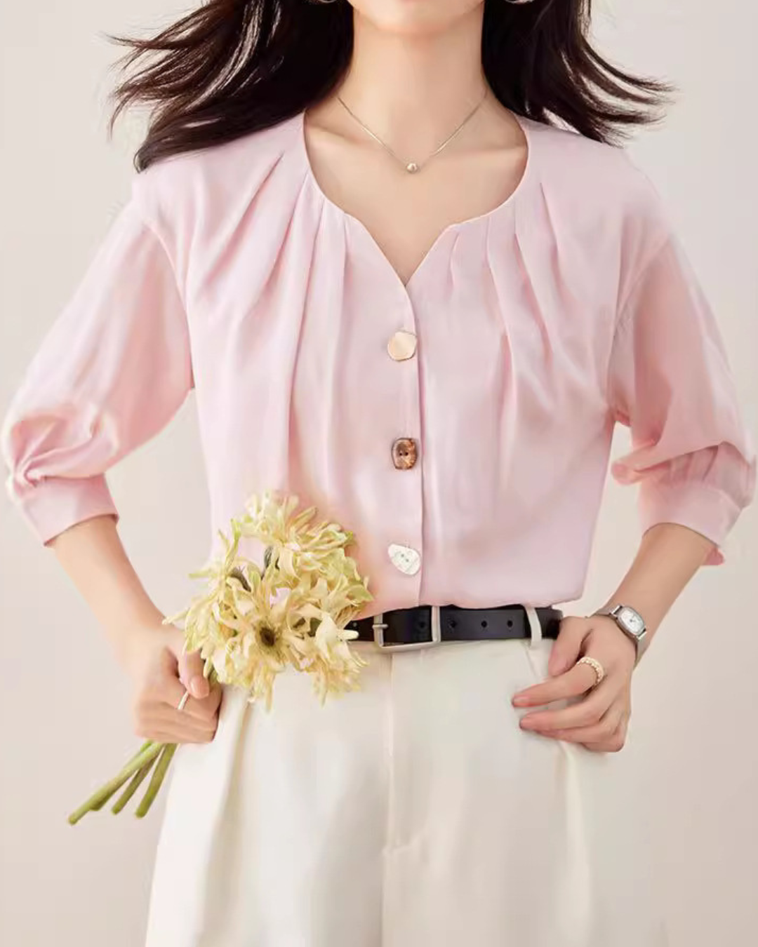 Elara Shell Button Drape Blouse