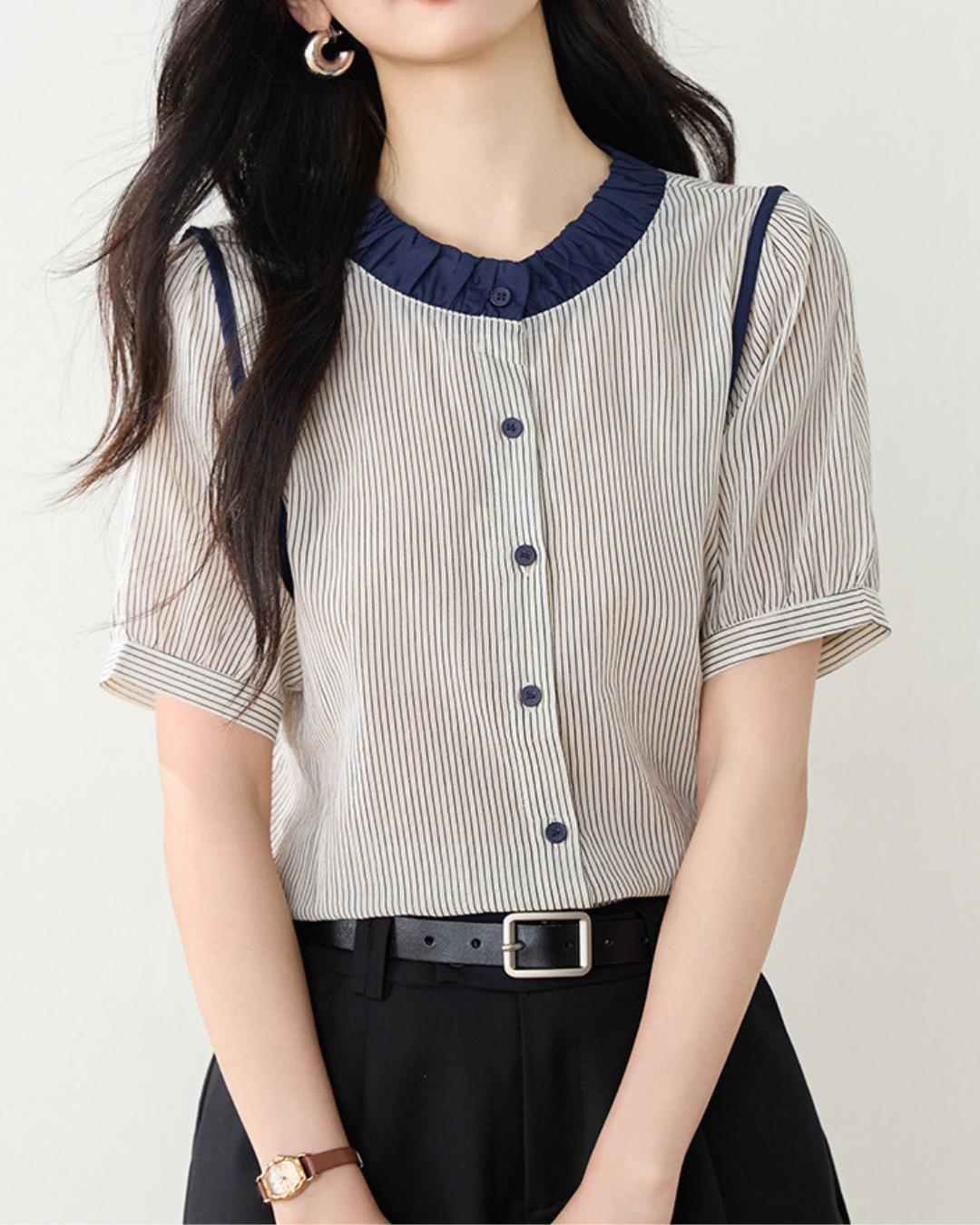 Elinor Stripe Ruffle Collar Blouse