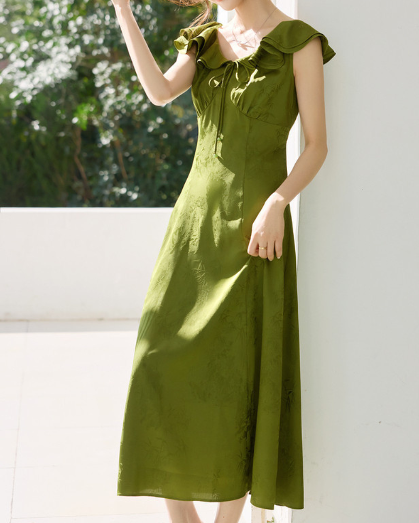 Olive Whisper Ruffle Midi Dress