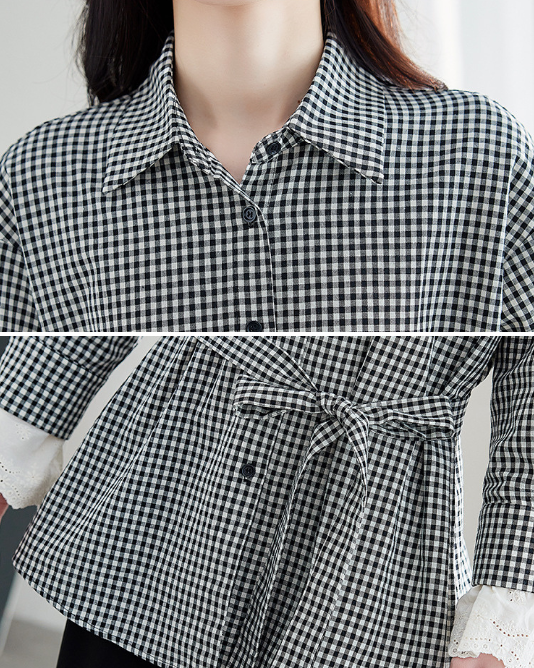Elodie Gingham Lace Cuff Blouse