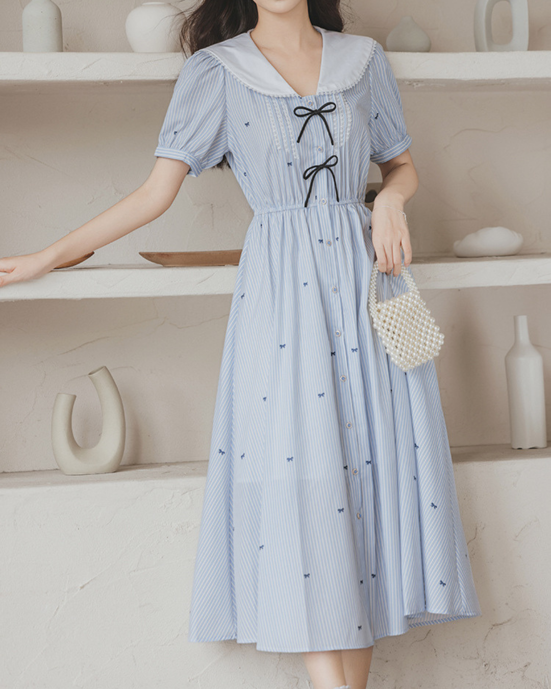 Elara Bow Stripe Midi Dress