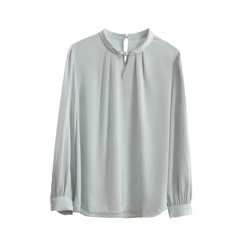 Elegant French Style Nichehalter Women's Pullover Top 2024 Spring New Neck Stand Collar Beaded Shirt Smooth Silk Ideal For Commu