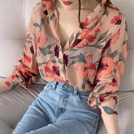 Flora Whisper Floral Chiffon V-Neck Blouse