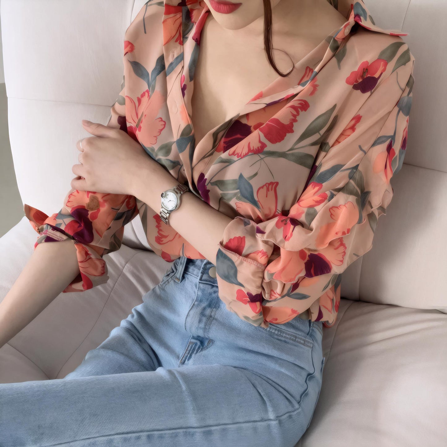 Flora Whisper Floral Chiffon V-Neck Blouse