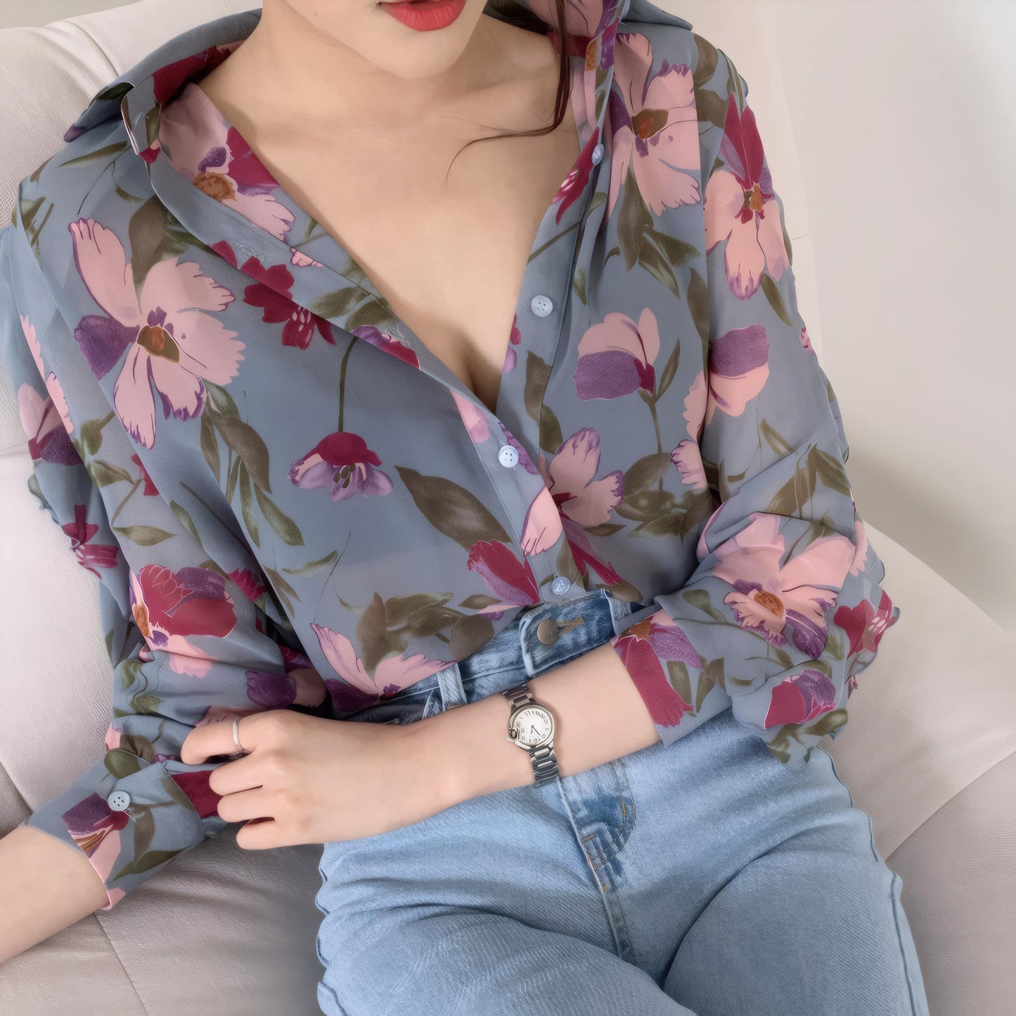 Flora Whisper Floral Chiffon V-Neck Blouse