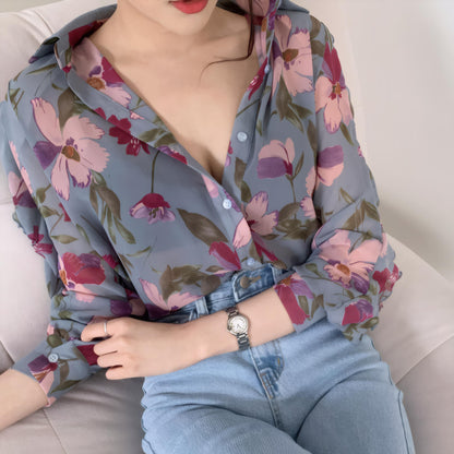 Flora Whisper Floral Chiffon V-Neck Blouse