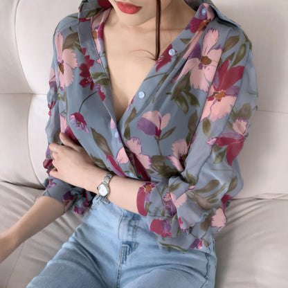 Flora Whisper Floral Chiffon V-Neck Blouse