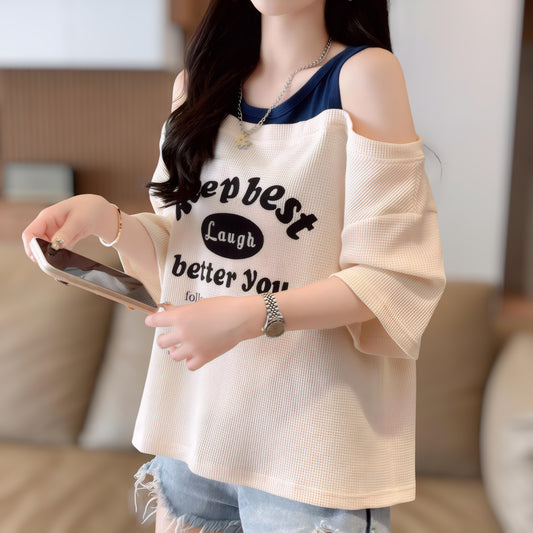 Lara Off-Shoulder Waffle T-Shirt