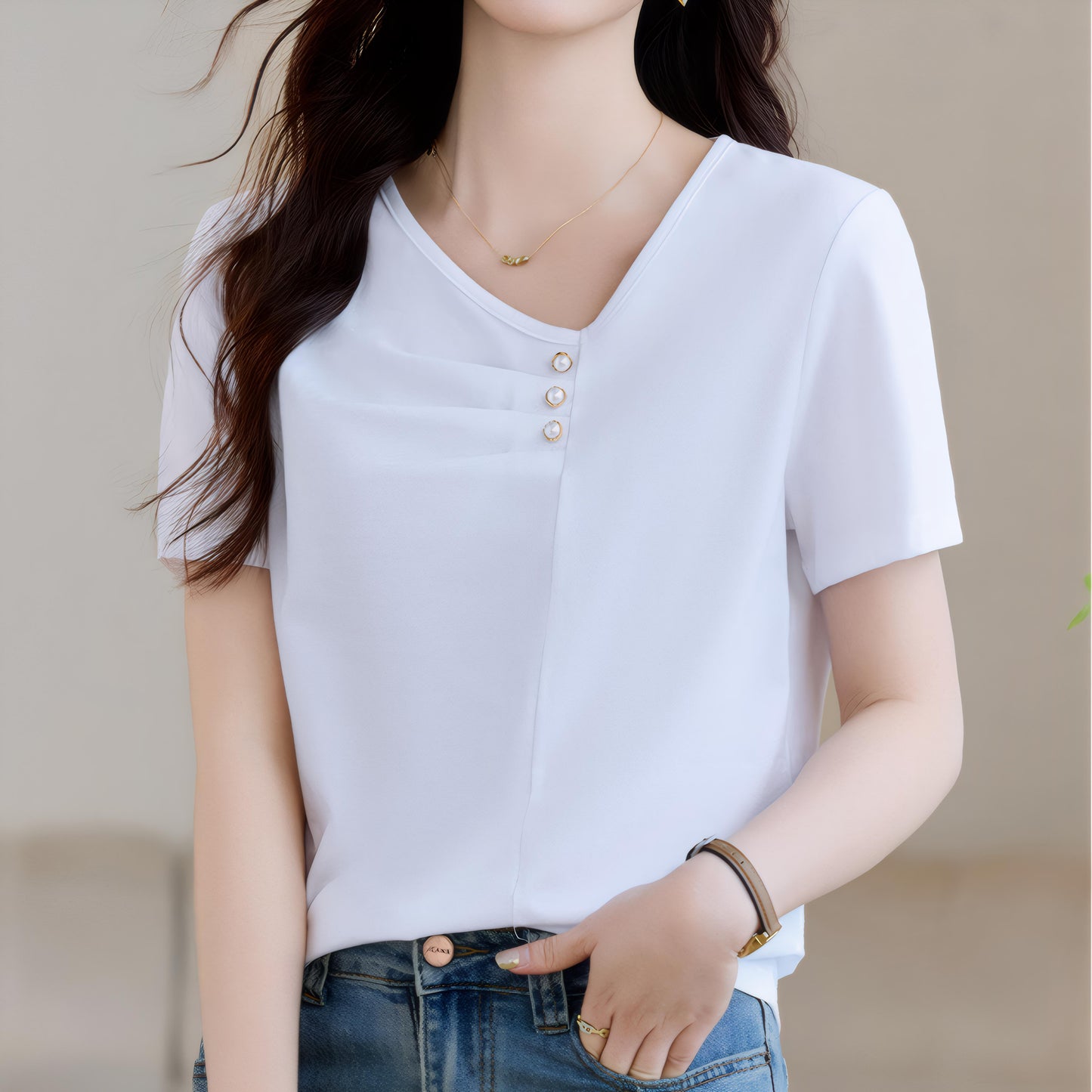 Mila Pleat Button T-Shirt
