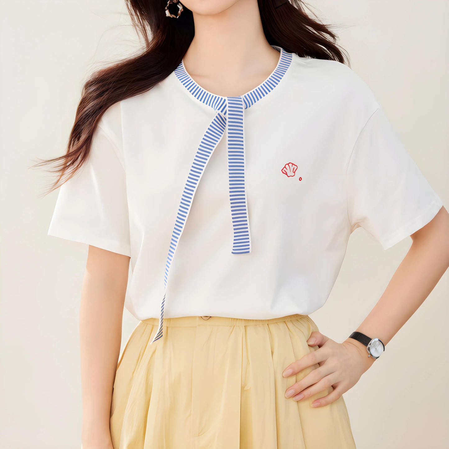 Serena Tie Trim Cotton T-shirt