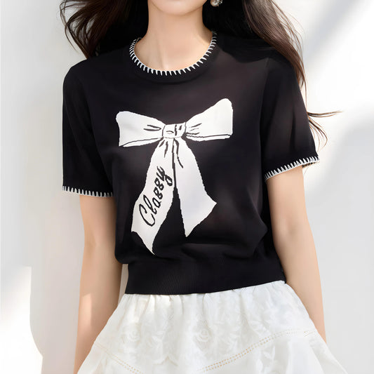 Eline Bow Script Knit T-Shirt