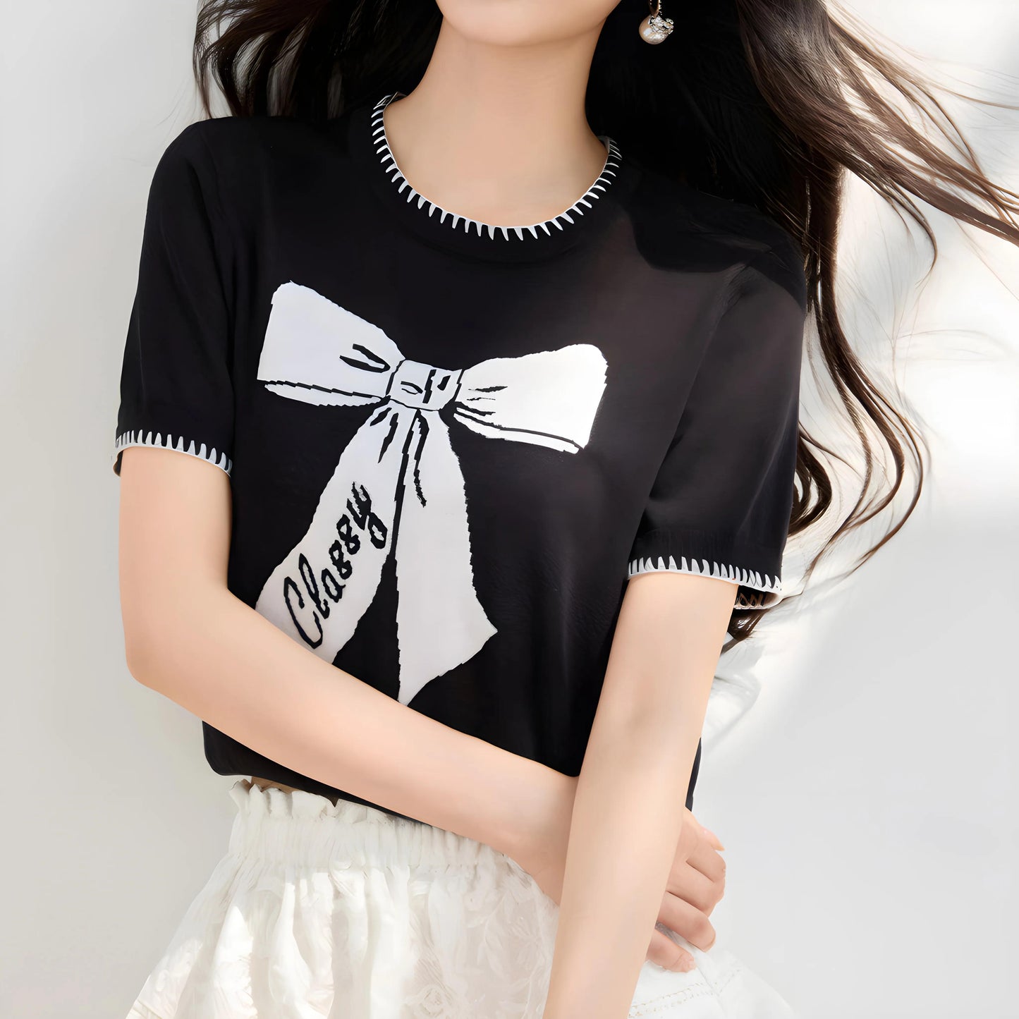 Eline Bow Script Knit T-Shirt