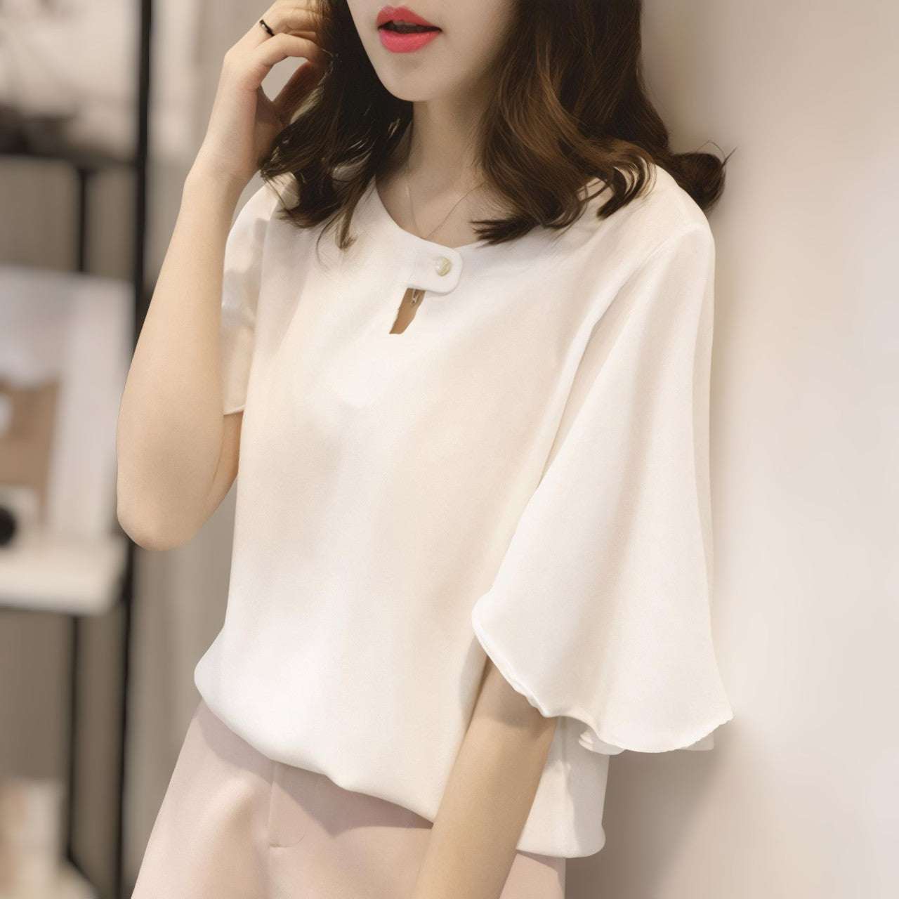 Celeste Ruffle Soft Round Neck Blouse