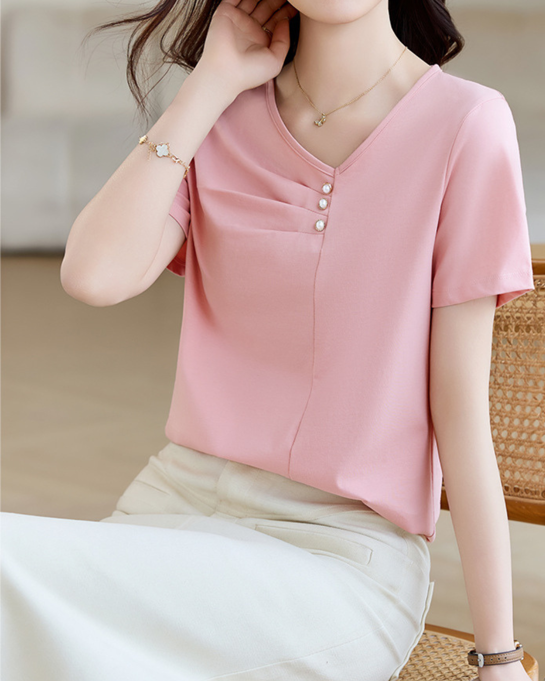 Mila Pleat Button T-Shirt