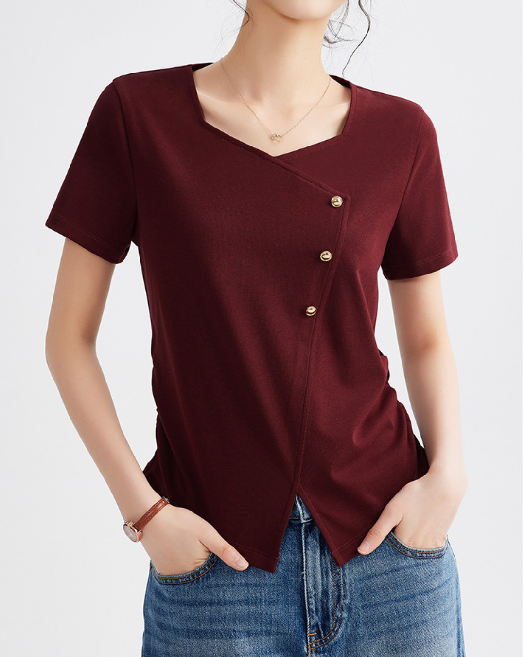 Mira Twist Button Draped T-Shirt