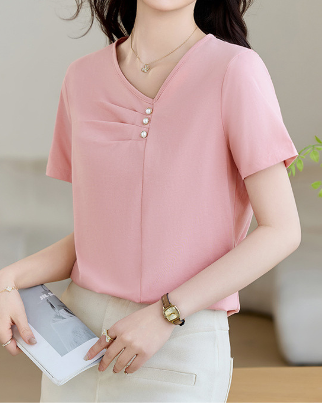 Mila Pleat Button T-Shirt