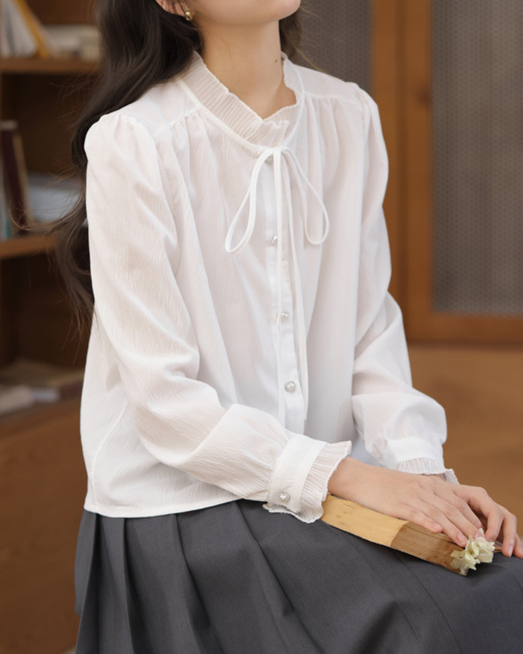 Elva Tie Neck Pearl Blouse