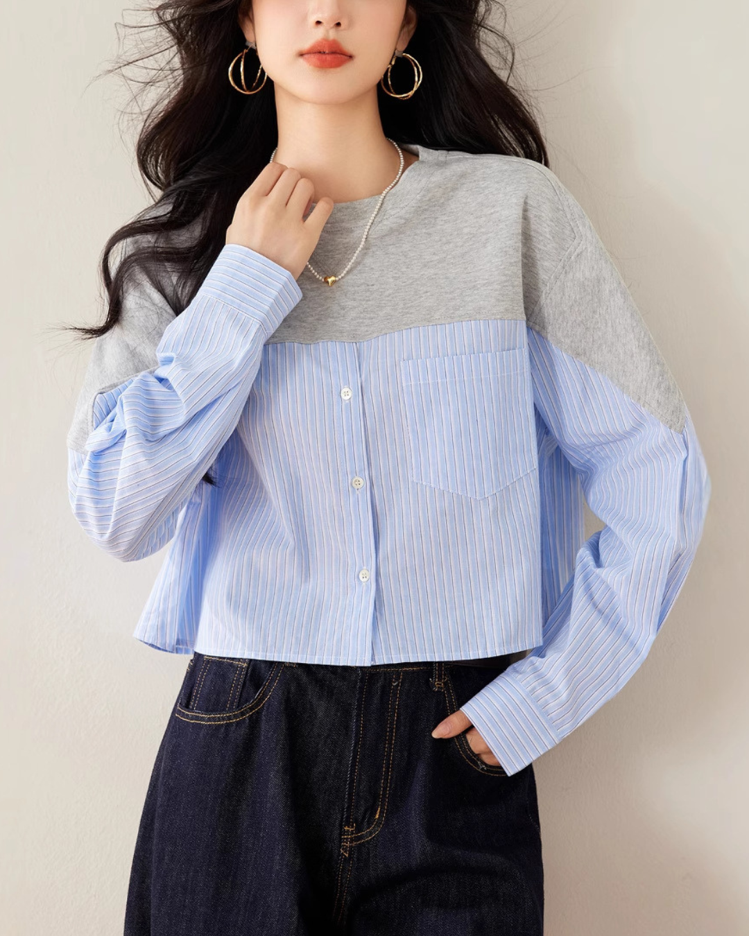 Elva Contrast Panel Cropped Shirt