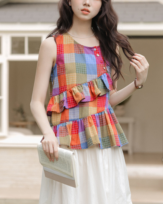 Elvia Patch Ruffle Sleeveless Blouse