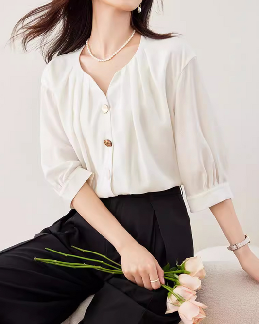 Elara Shell Button Drape Blouse