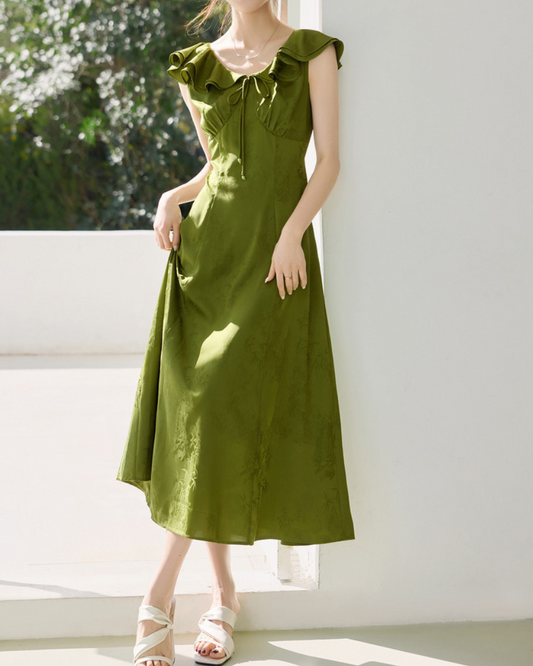 Olive Whisper Ruffle Midi Dress