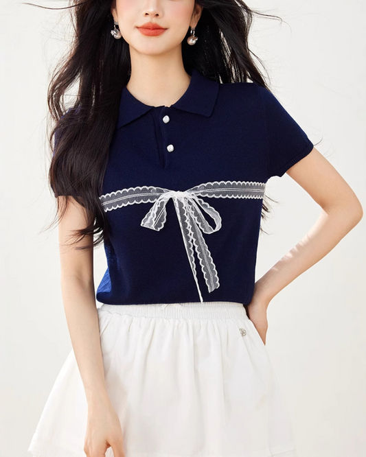 Liora Lace Bow Polo Knit