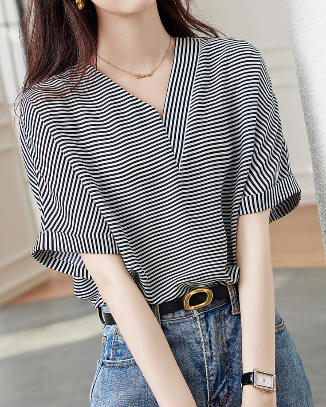 Isla Calm Stripe V-Neck T-Shirt