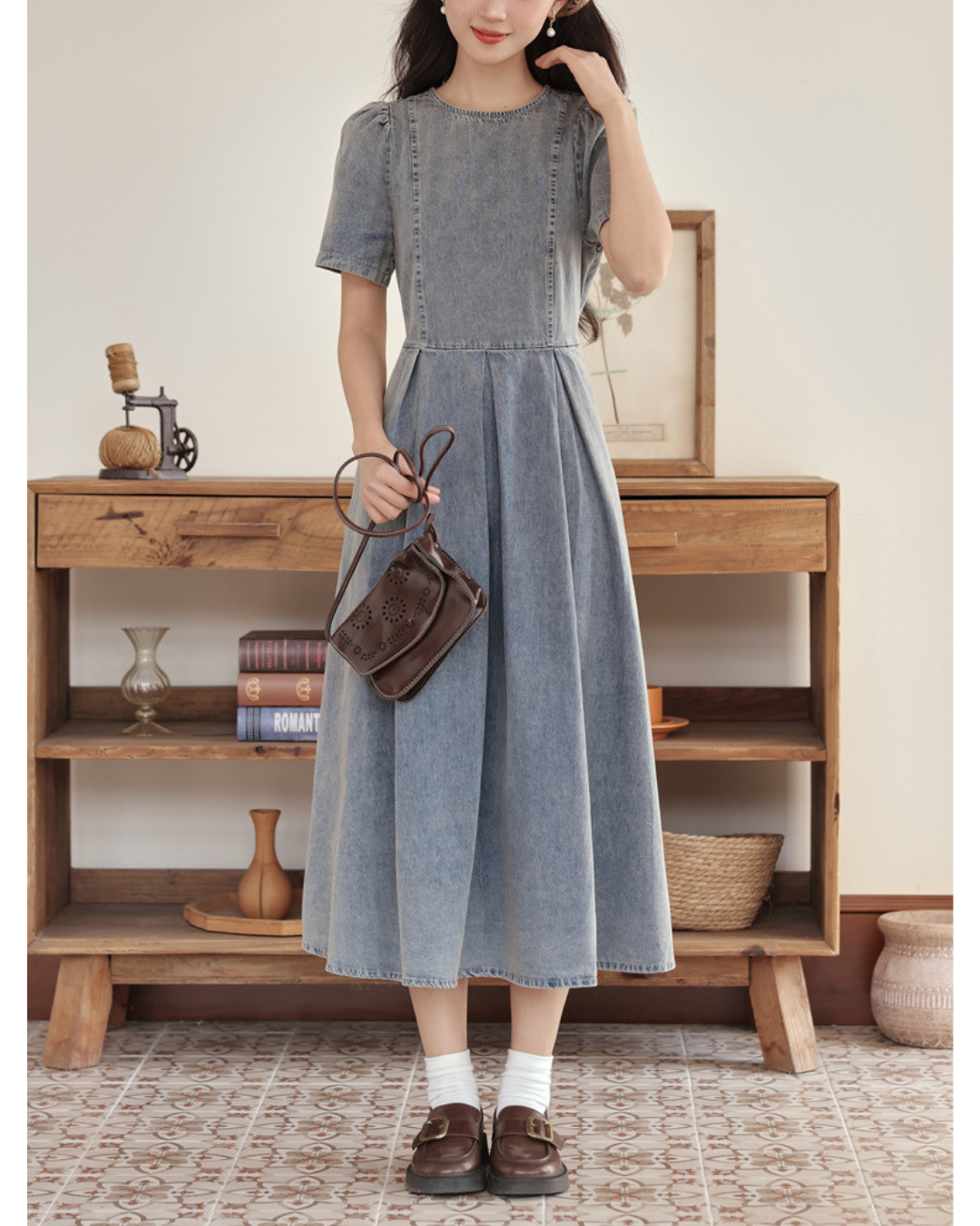 Elowen Gathered Denim Midi Dress