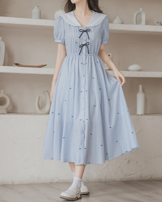 Elara Bow Stripe Midi Dress