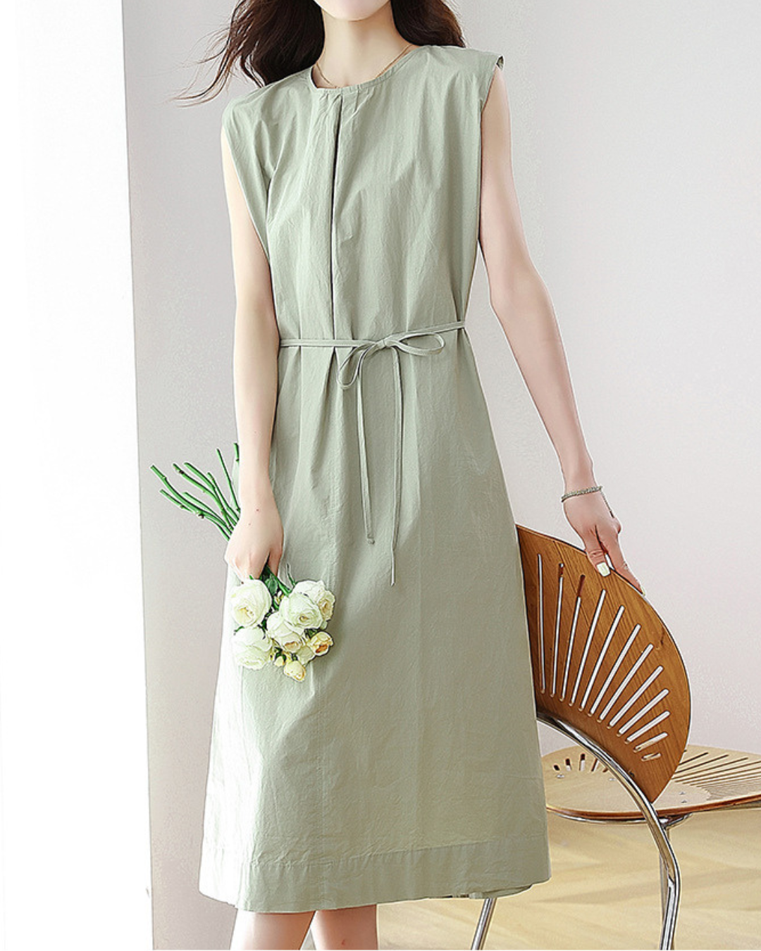Haven Mist Belted Midi Dress