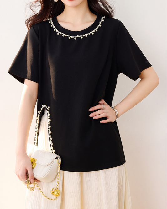 Elara Pearl Trim Cotton T-Shirt