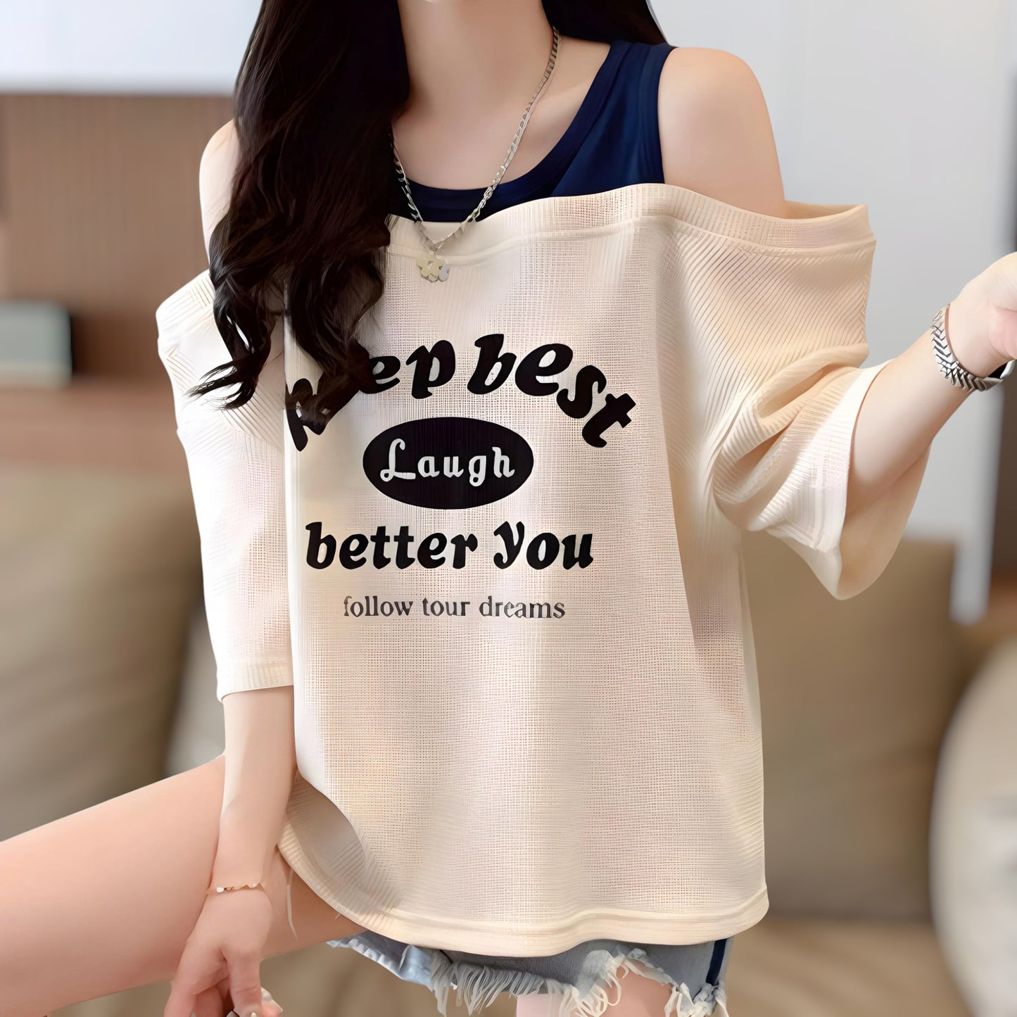Lara Off-Shoulder Waffle T-Shirt