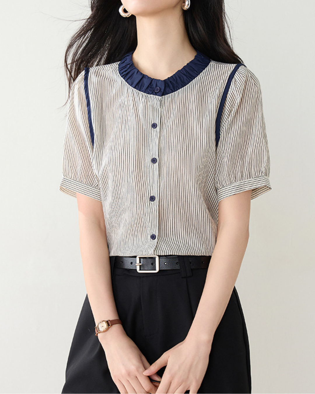 Elinor Stripe Ruffle Collar Blouse