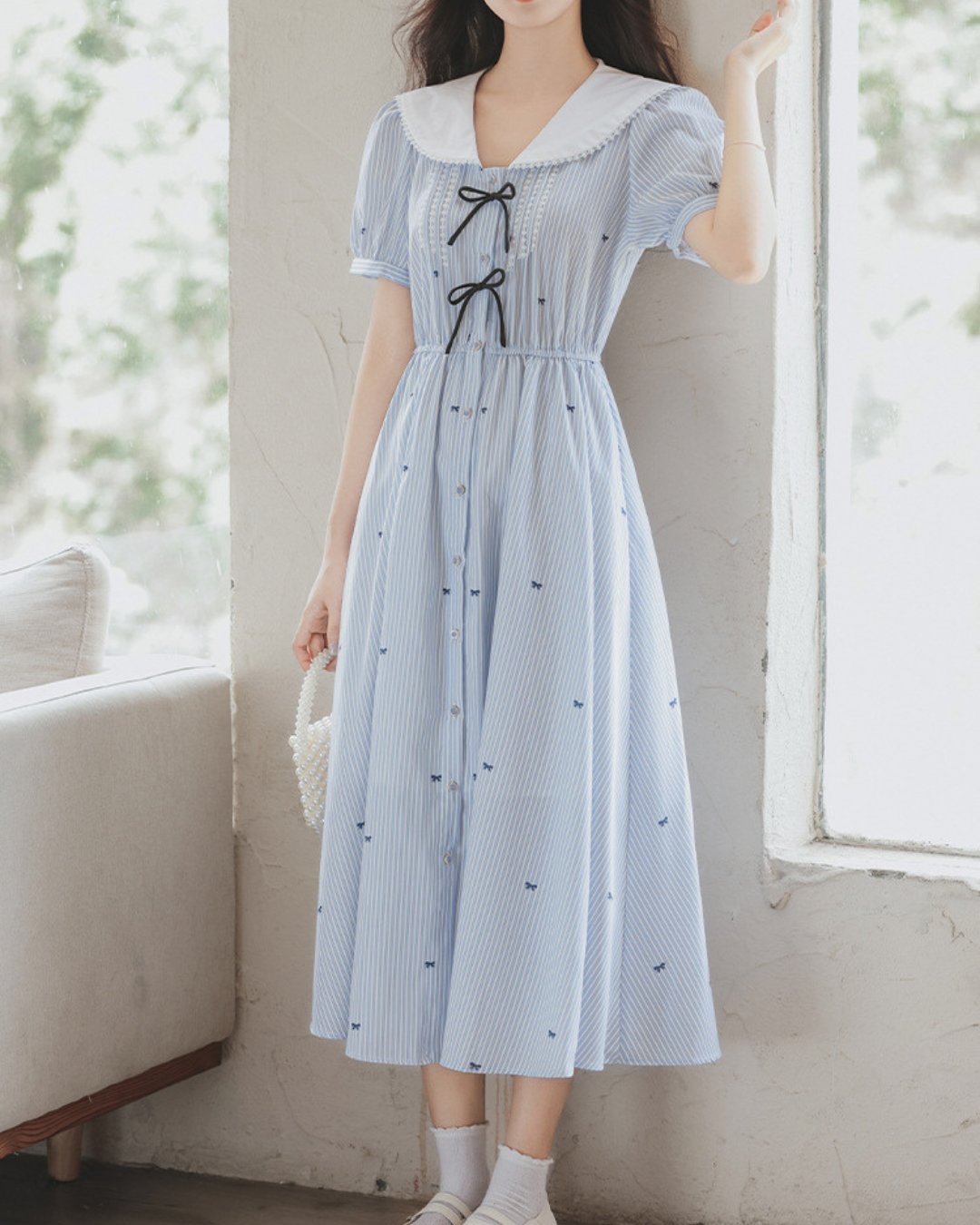 Elara Bow Stripe Midi Dress