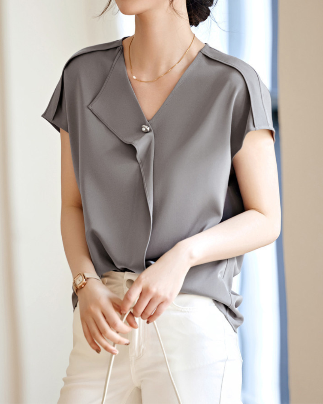 Aria Drape Pearl Collar Blouse